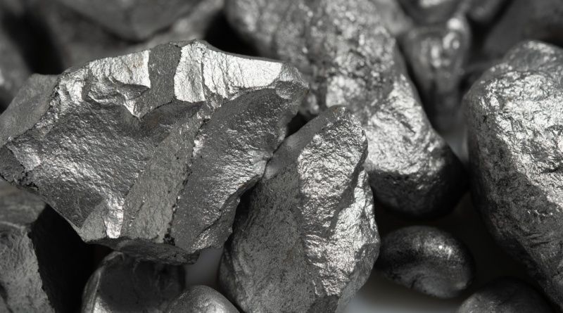 Närbild av grova, silverglänsande metallbitar och malmfragment